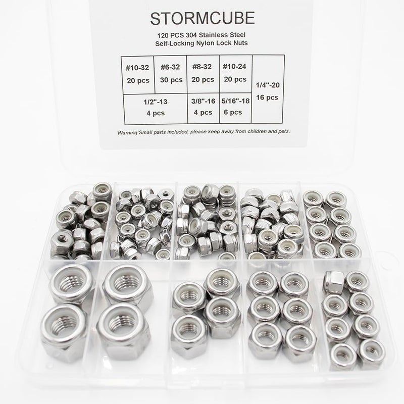 STORMCUBE 120 pcs Nylon Insert Hex Lock Nuts #6-32#8-32#10-24#10-32 1/4-20 5/16"-18 3/8"-16 1/2"-13 Assortment Kit 304 Stainless Steel Self-Locking Nylon Lock Nuts Plain Finish for Industrial Construction - Image 1